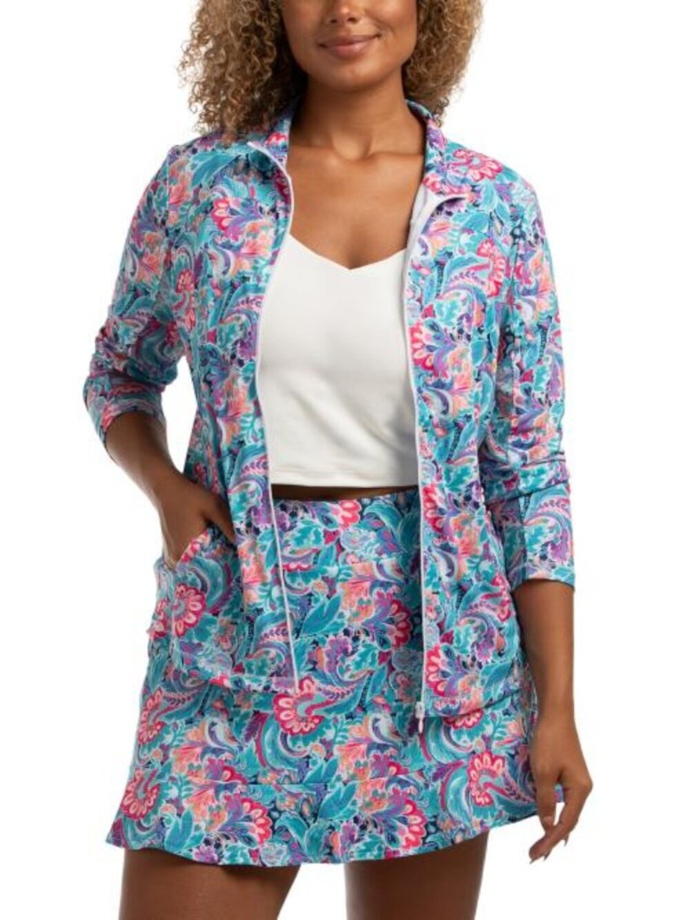 NWT Gottex Blue Garden Full Zip Mock Neck Jacket UPF 50+ Golf & Tennis
